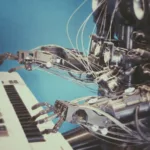 robot AI at a computer keyboard